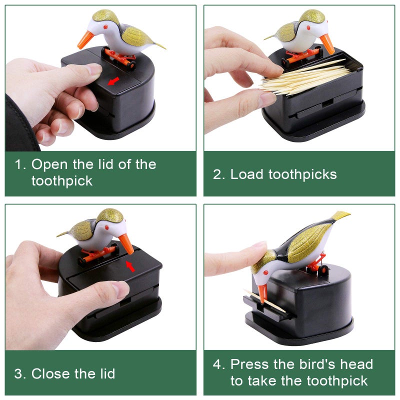 Jucaifu Little bird toothpick dispenser, creative push-type toothpick bird dispenser, toothpick holder. (gold) - Image 2